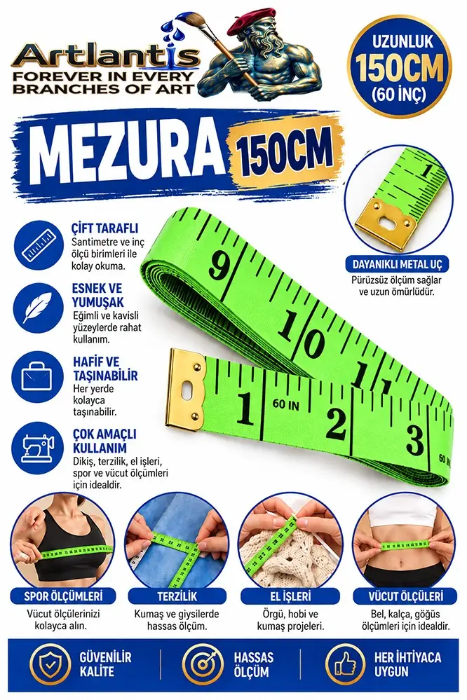 Mezura 150 cm 1 Adet Renkli Meziro Terzi Baş Vüvut Ölçüm Metresi Beden Ölçmek Mezro Çift Yönlü - Yeşil
