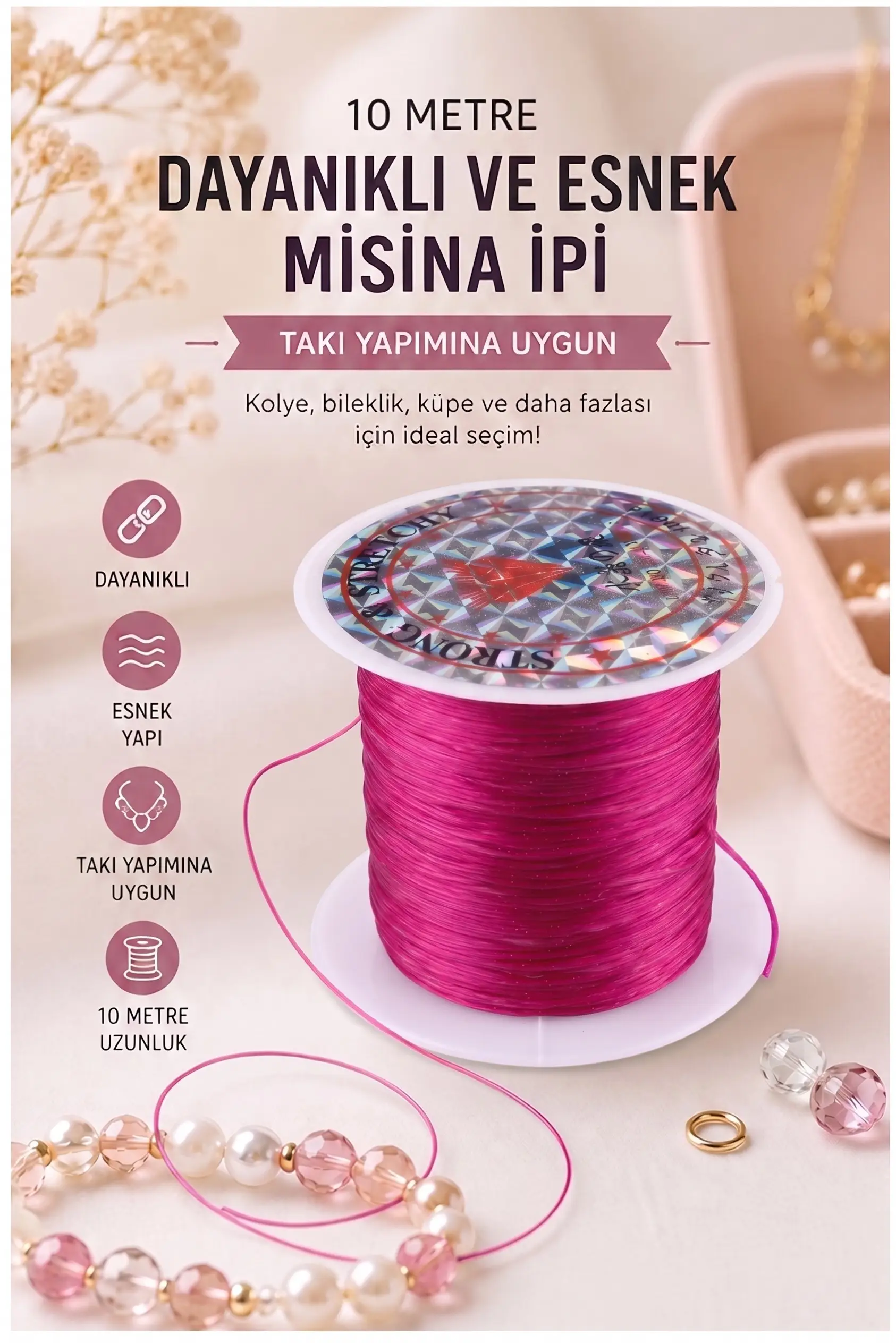 Misina İpi 0.5mm 10 Metre 1 Adet Esnek Boncuk Takı Dizme İpi Elastik İp Bileklik Aksesuar Lastiği Yuvarlak Elyaf Lastik - Fuşya