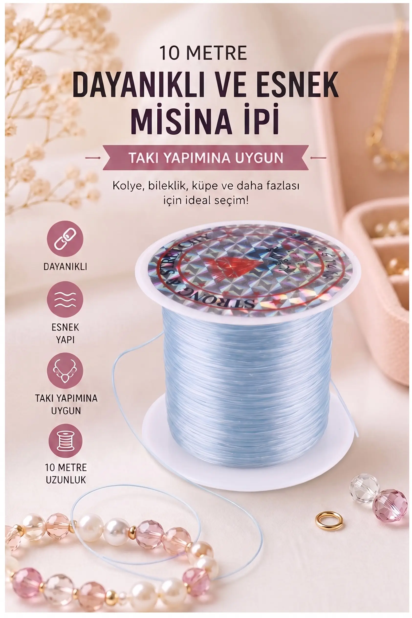 Misina İpi 0.5mm 10 Metre 1 Adet Esnek Boncuk Takı Dizme İpi Elastik İp Bileklik Aksesuar Lastiği Yuvarlak Elyaf Lastik - Gri