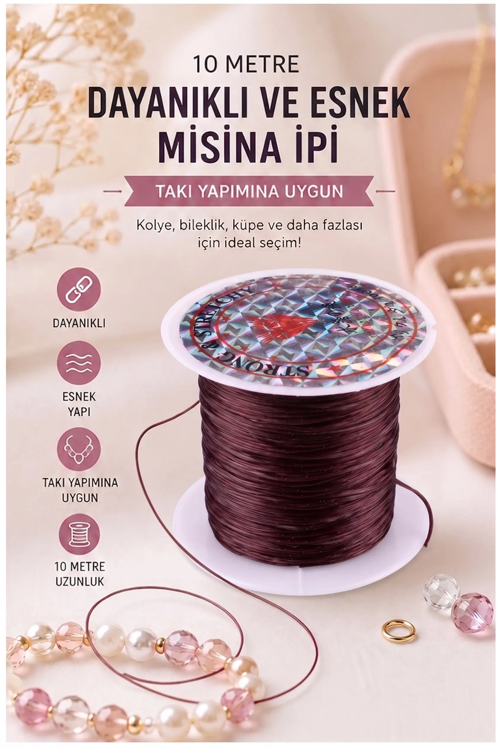 Misina İpi 0.5mm 10 Metre 1 Adet Esnek Boncuk Takı Dizme İpi Elastik İp Bileklik Aksesuar Lastiği Yuvarlak Elyaf Lastik - Kahverengi