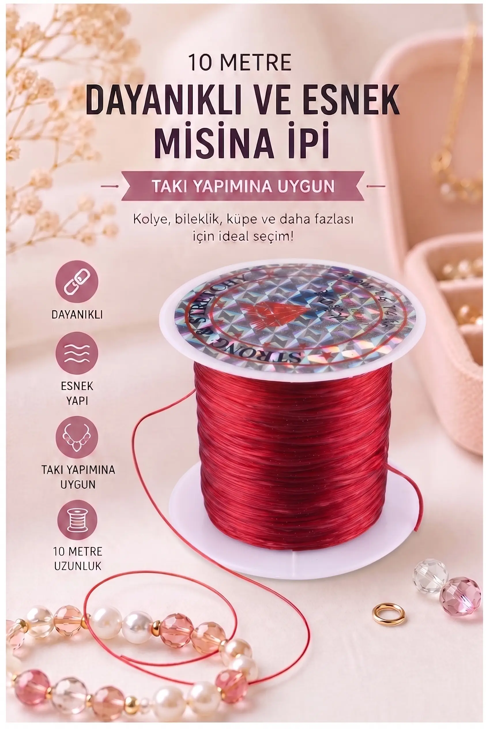 Misina İpi 0.5mm 10 Metre 1 Adet Esnek Boncuk Takı Dizme İpi Elastik İp Bileklik Aksesuar Lastiği Yuvarlak Elyaf Lastik - Kırmızı