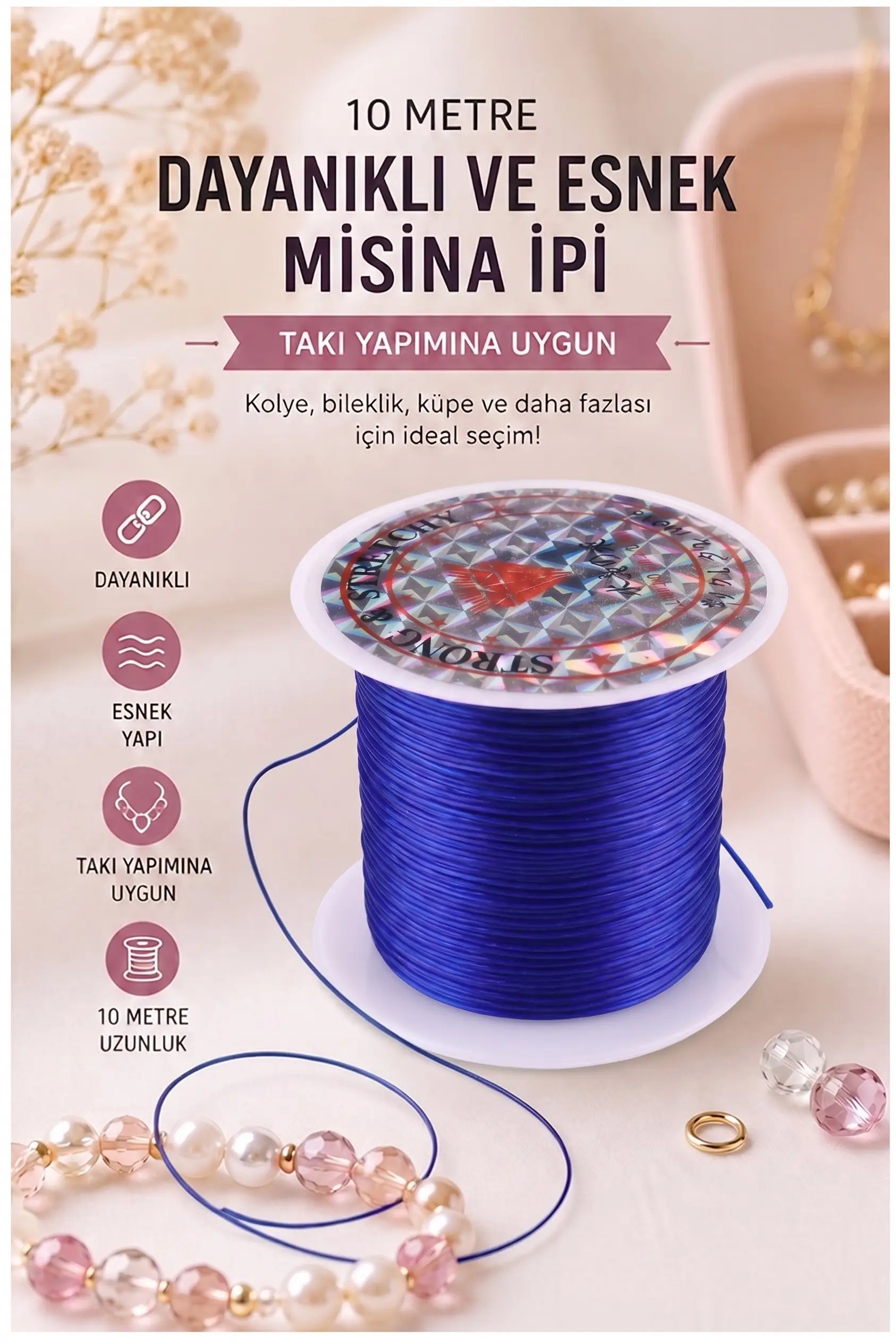 Misina İpi 0.5mm 10 Metre 1 Adet Esnek Boncuk Takı Dizme İpi Elastik İp Bileklik Aksesuar Lastiği Yuvarlak Elyaf Lastik - Mavi