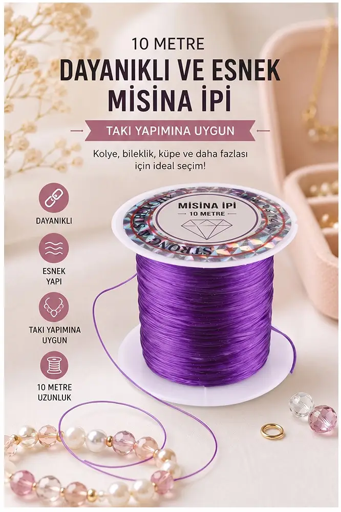 Misina İpi 0.5mm 10 Metre 1 Adet Esnek Boncuk Takı Dizme İpi Elastik İp Bileklik Aksesuar Lastiği Yuvarlak Elyaf Lastik - Mor