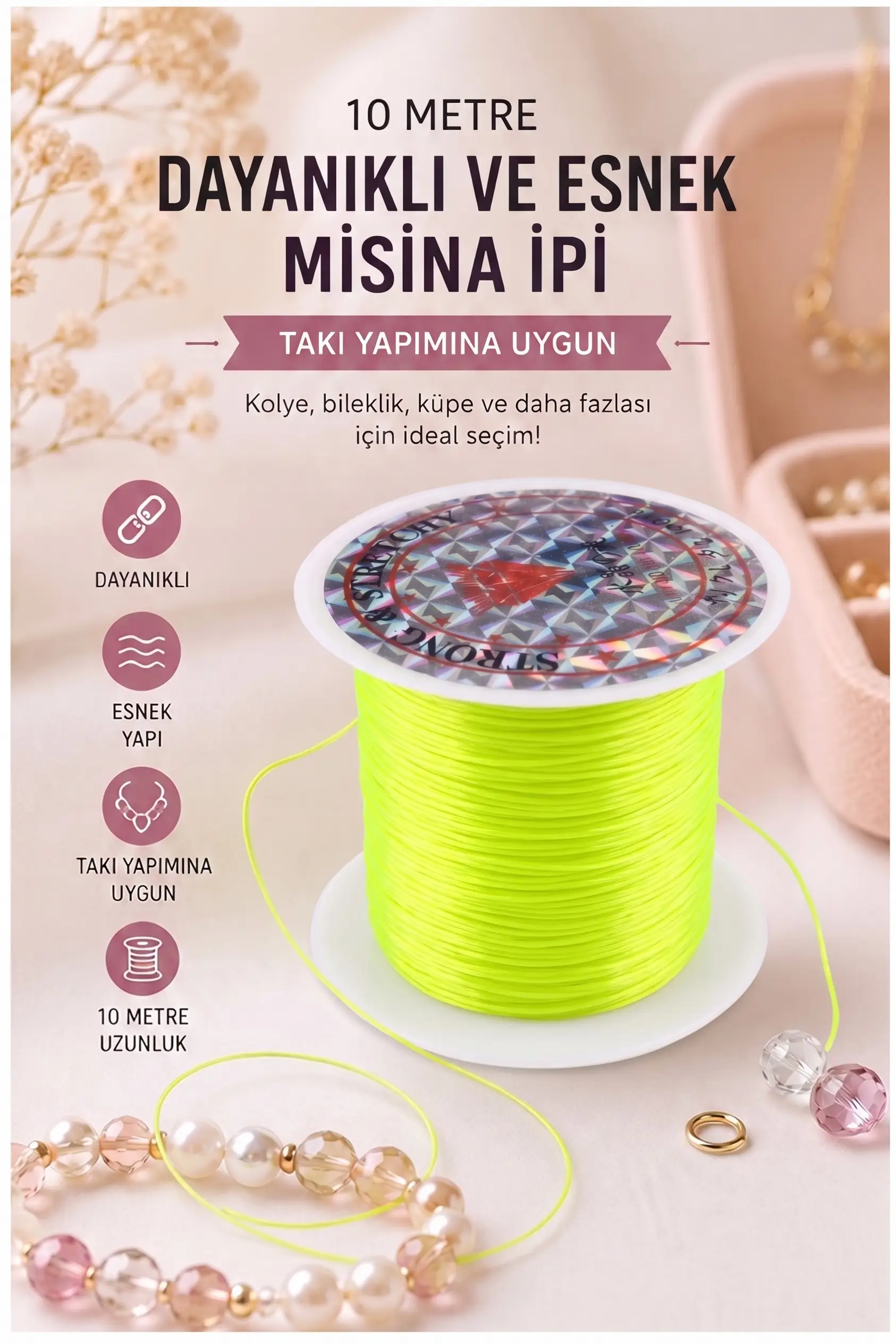 Misina İpi 0.5mm 10 Metre 1 Adet Esnek Boncuk Takı Dizme İpi Elastik İp Bileklik Aksesuar Lastiği Yuvarlak Elyaf Lastik - Sarı