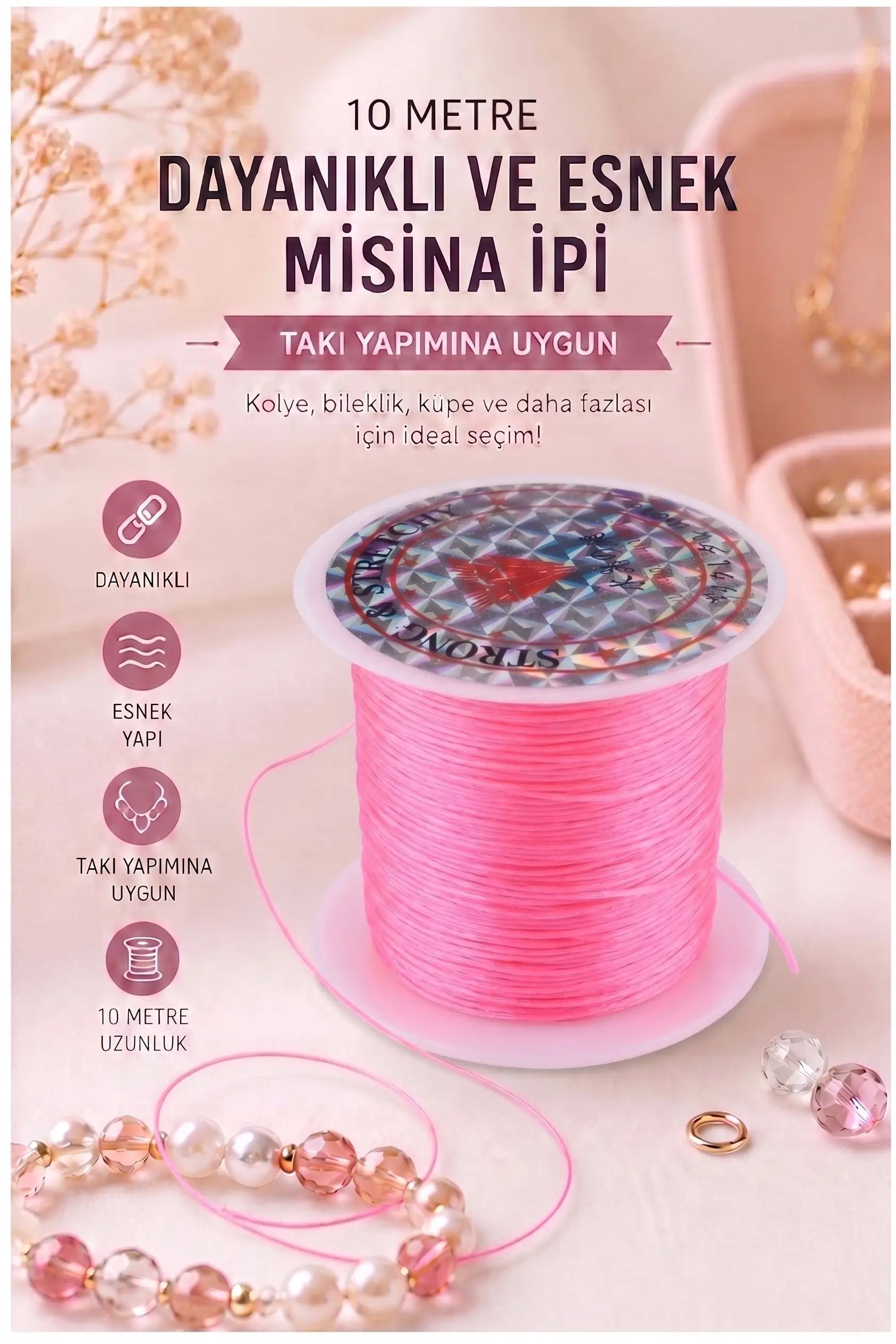 Misina İpi 0.5mm 10 Metre 1 Adet Esnek Boncuk Takı Dizme İpi Elastik İp Bileklik Aksesuar Lastiği Yuvarlak Elyaf Lastik - Pembe