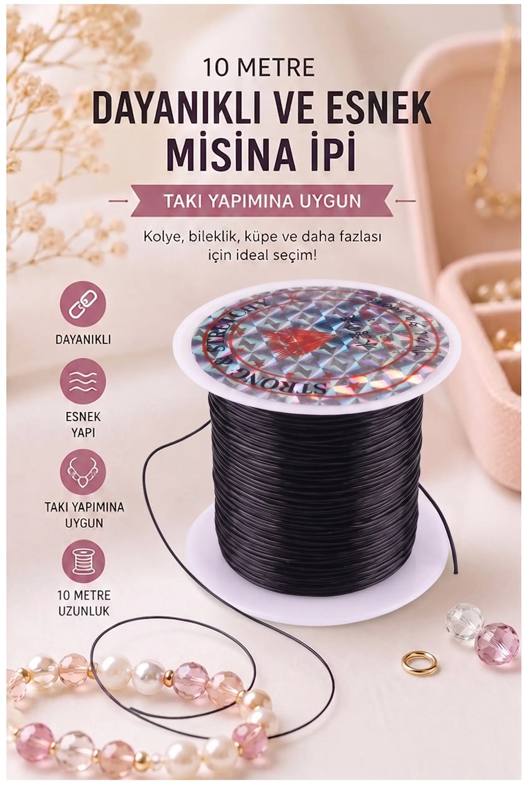 Misina İpi 0.5mm 10 Metre 1 Adet Esnek Boncuk Takı Dizme İpi Elastik İp Bileklik Aksesuar Lastiği Yuvarlak Elyaf Lastik - Siyah
