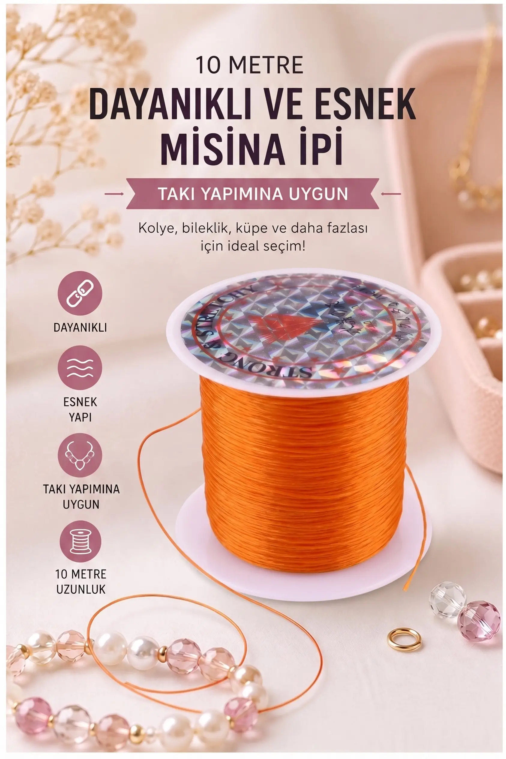 Misina İpi 0.5mm 10 Metre 1 Adet Esnek Boncuk Takı Dizme İpi Elastik İp Bileklik Aksesuar Lastiği Yuvarlak Elyaf Lastik - Turuncu