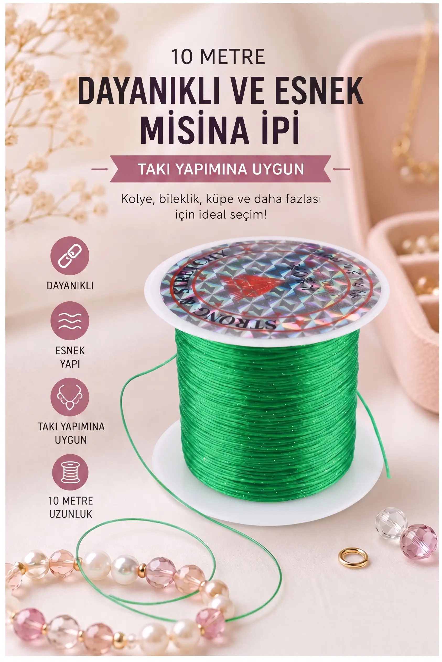 Misina İpi 0.5mm 10 Metre 1 Adet Esnek Boncuk Takı Dizme İpi Elastik İp Bileklik Aksesuar Lastiği Yuvarlak Elyaf Lastik - Yeşil