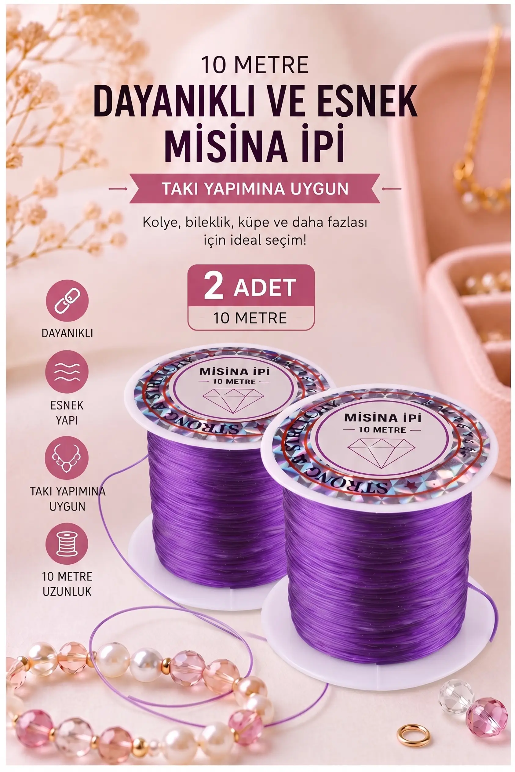 Mor Misina İpi 0.5mm 10 Metre 2 Adet Esnek Boncuk Takı Dizme İpi Elastik İp Bileklik Aksesuar Lastiği Yuvarlak Elyaf 