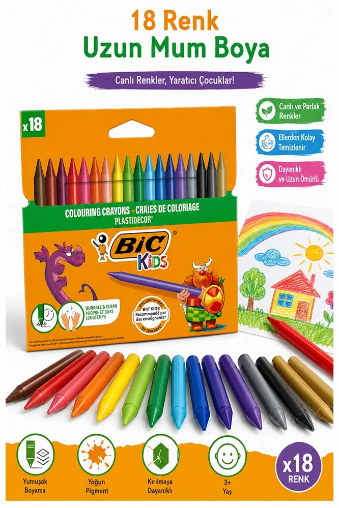 Mum Boya 18 Li 1 Paket Bic 18 Renk Mumboya Elleri Kirletmeyen Yıkanabilir Silinebilir Karton Kutu Plastidecor