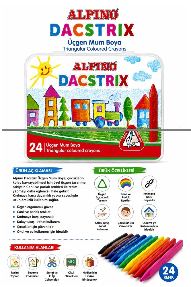 Mum Boya 24 Lü Plastik Kutu 1 Paket Alpino Dacstrix 24 Renk Mumboya Elleri Kirletmeyen Yıkanabilir Silinebilir