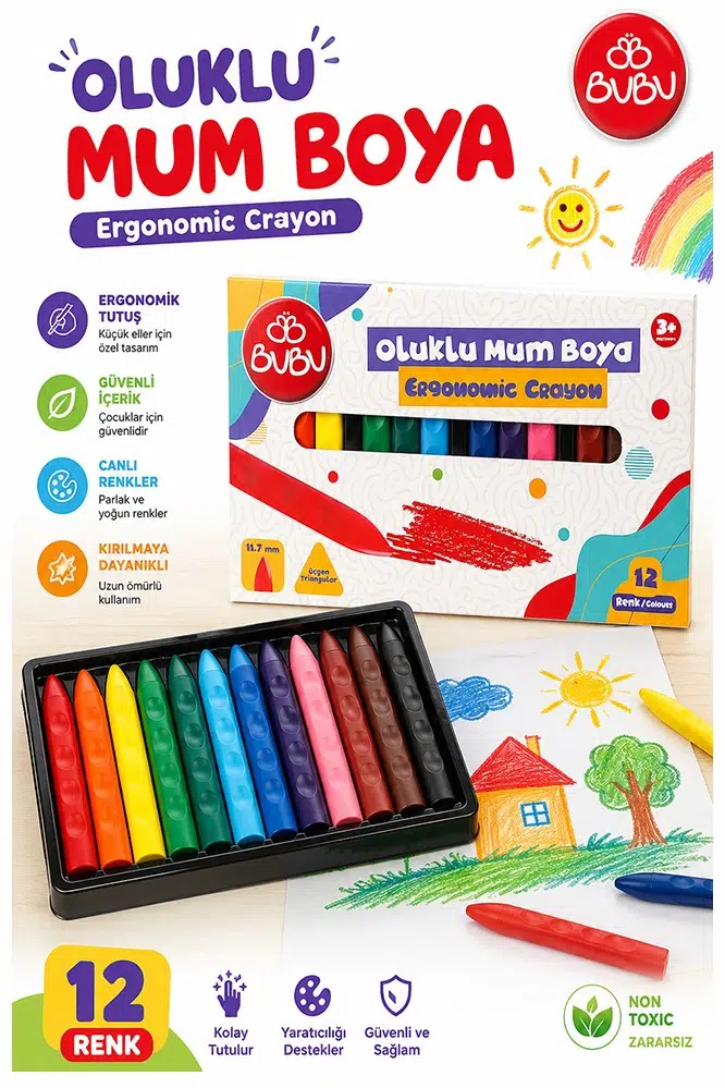 Oluklu Mum Boya 12 Li 1 Paket Bubu 12 Renk Mumboya Elleri Kirletmeyen Yıkanabilir Silinebilir Karton Kutu