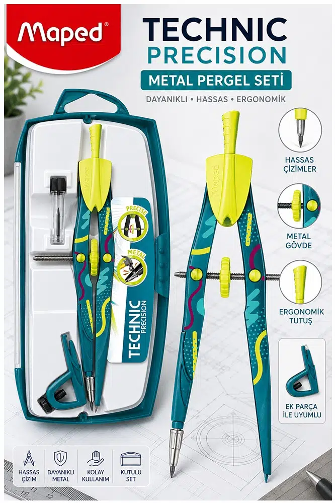 Metal Pergel Seti 3 Parça 1 Adet Maped Technic 291013 Precision Profesyonel Pergel Çizim Matematik Geometri Mimari - Yeşil