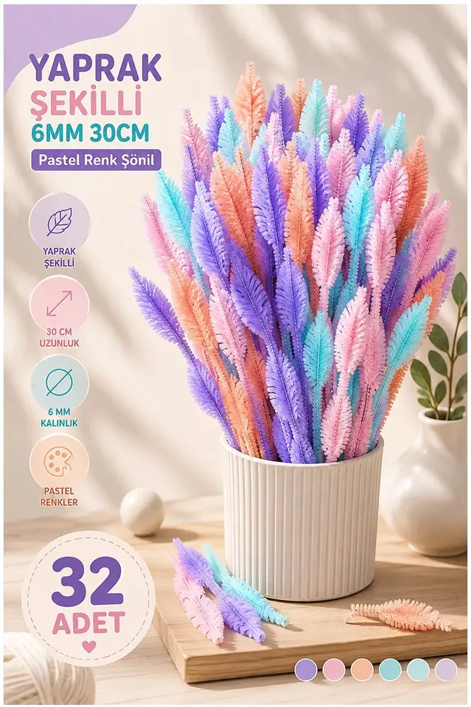Pastel Renkli Yaprak Şekilli Şönil 30 Cm 6mm 32 Adet Karışık Pastel Renkler Tüylü Peluş Elişi Hobi Okul Öncesi Kreş