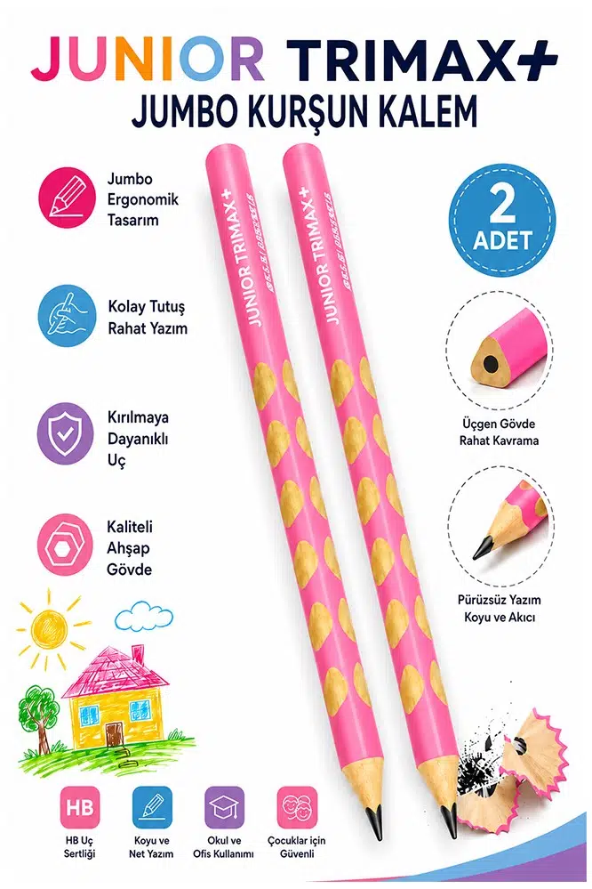 Pembe Jumbo Kurşun Kalem Oluklu 2 Adet Alpino Trimax Üçgen Oluklu Kalın Kalem Pastel Renkler Kolay Tutuş ve Kullanım