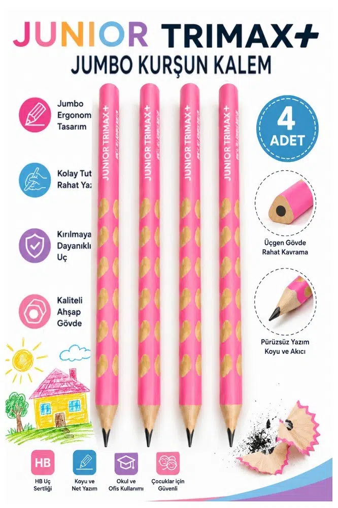 Pembe Jumbo Kurşun Kalem Oluklu 4 Adet Alpino Trimax Üçgen Oluklu Kalın Kalem Pastel Renkler Kolay Tutuş ve Kullanım