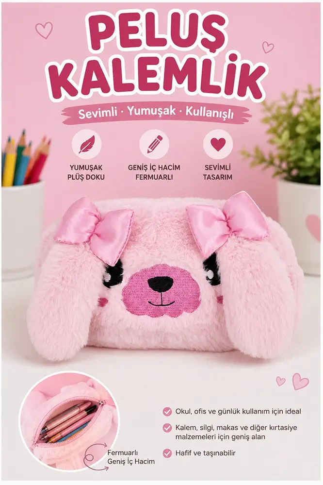 Pembe Peluş Tatlı Köpek Fermuarlı Tek Bölmeli Kız Kalemlik 1 Adet Tek Bölmeli Kalemlik Organizer 2215 Makyaj Çantası