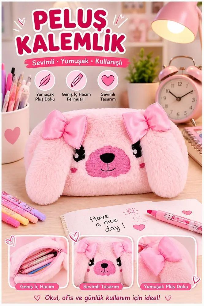 Pembe Peluş Tatlı Köpek Fermuarlı Tek Bölmeli Kız Kalemlik 1 Adet Tek Bölmeli Kalemlik Organizer 2215 Makyaj Çantası
