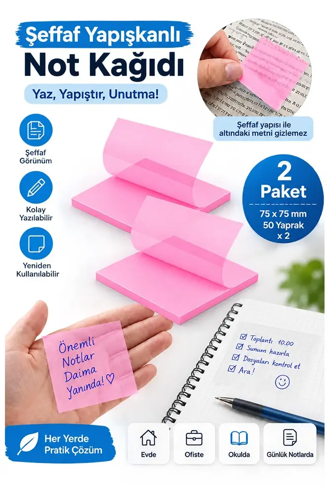 Pembe Yapışkanlı Şeffaf Not Kağıdı 50 Yaprak 2 Paket Kare Transparan Postit 75x75 mm Yarı Saydam İşaretleyici Aydınger