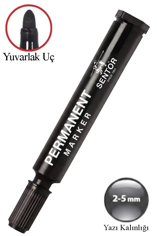 Permanent Markör Kalem Yuvarlak Uç 1 Adet Sentör Kalıcı Marker Kalem Tüm Koli Karton Çuval Cam Plastik Yüzeylerde Kalıcı - Siyah