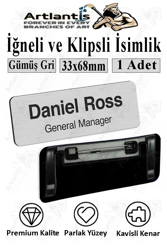 Personel Yaka İsimliği 1 Adet İğneli ve Klipsli Yaka Kartı 33x68 mm Personel Büro Ofis Şirket İş Yeri - Gümüş Gri