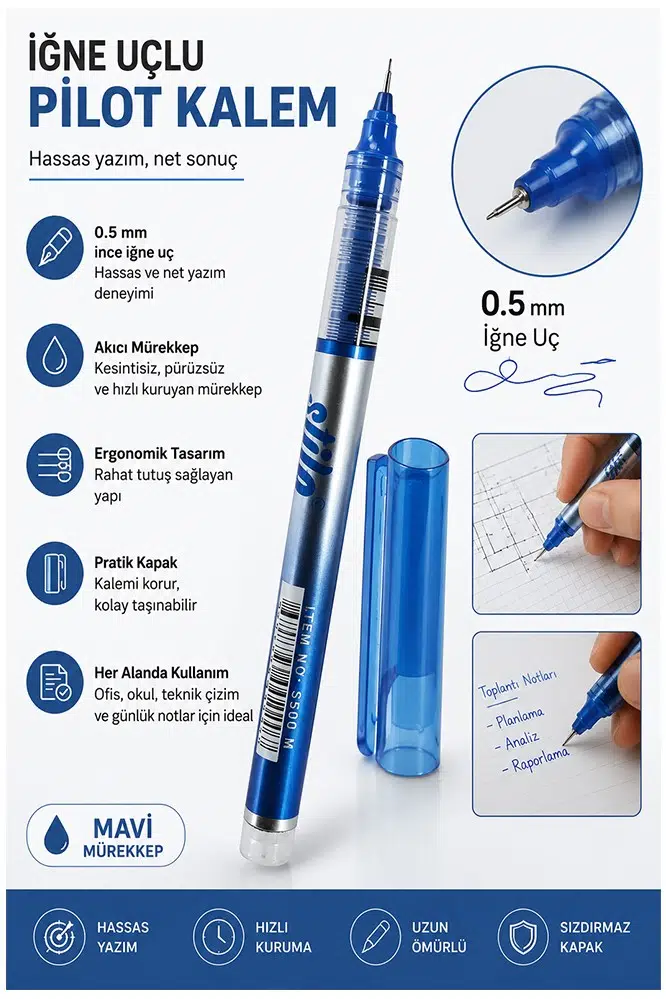 Pilot Kalem İğne Uçlu 1 Adet Stilo Pilot Kalem 0.5mm İnce Uçlu Pilot Kalem Likit Mürekkepli Pilot Kalem - Mavi
