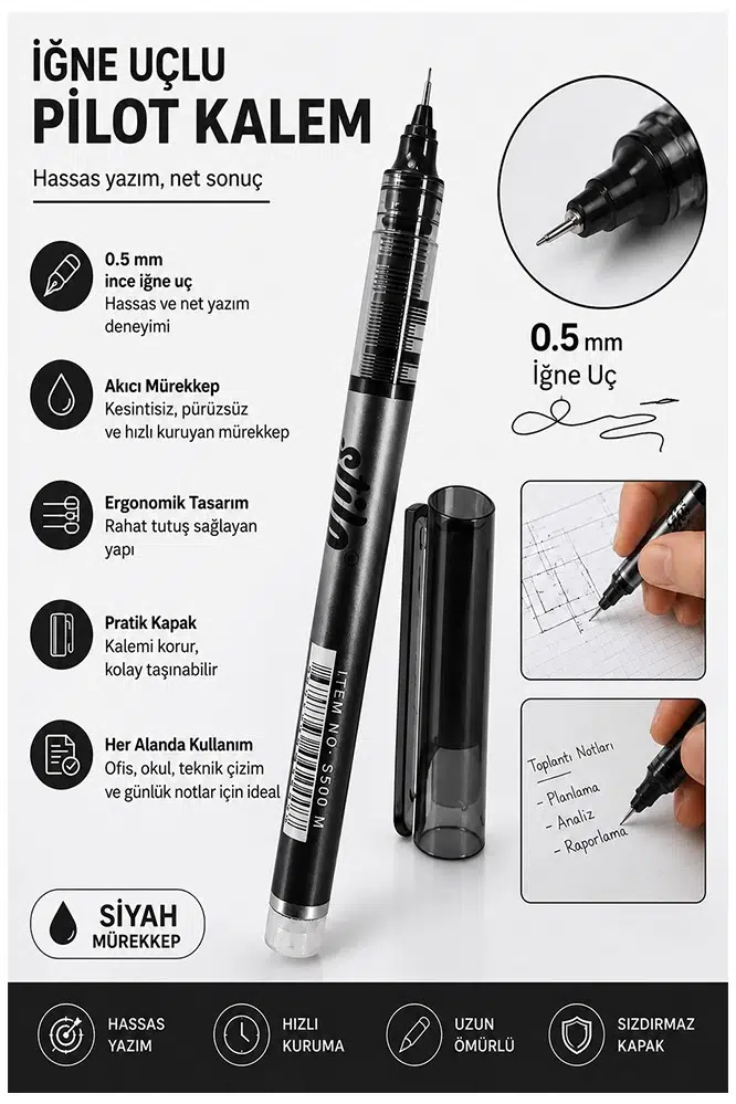 Pilot Kalem İğne Uçlu 1 Adet Stilo Pilot Kalem 0.5mm İnce Uçlu Pilot Kalem Likit Mürekkepli Pilot Kalem - Siyah