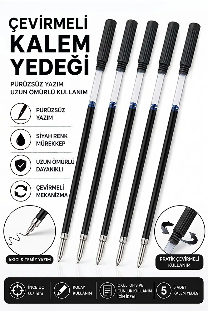 Plastik Çevirmeli Tükenmez Kalem Yedeği 5 Adet Tükenmez Kalem İçi Yedek Tükenmez Kalem İçi Okul Ofis Jel Kalem İçi - Siyah