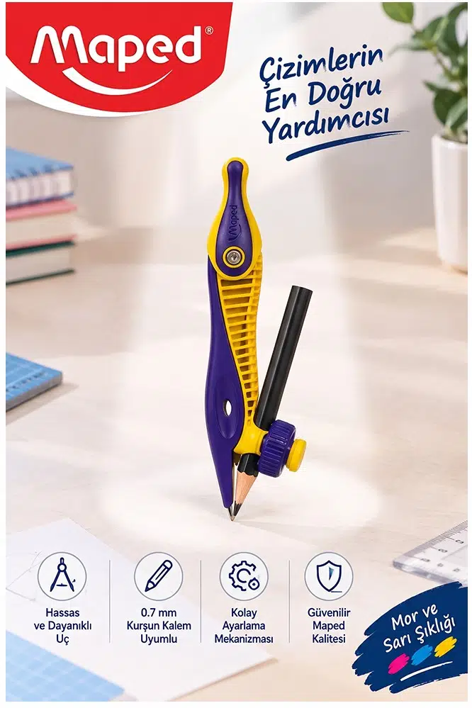 Plastik Pergel Kurşun Kalemli 1 Adet Maped Kidz 191611 Pergel Matematik Geometri Mimari Proje Teknik Çizim - Sarı