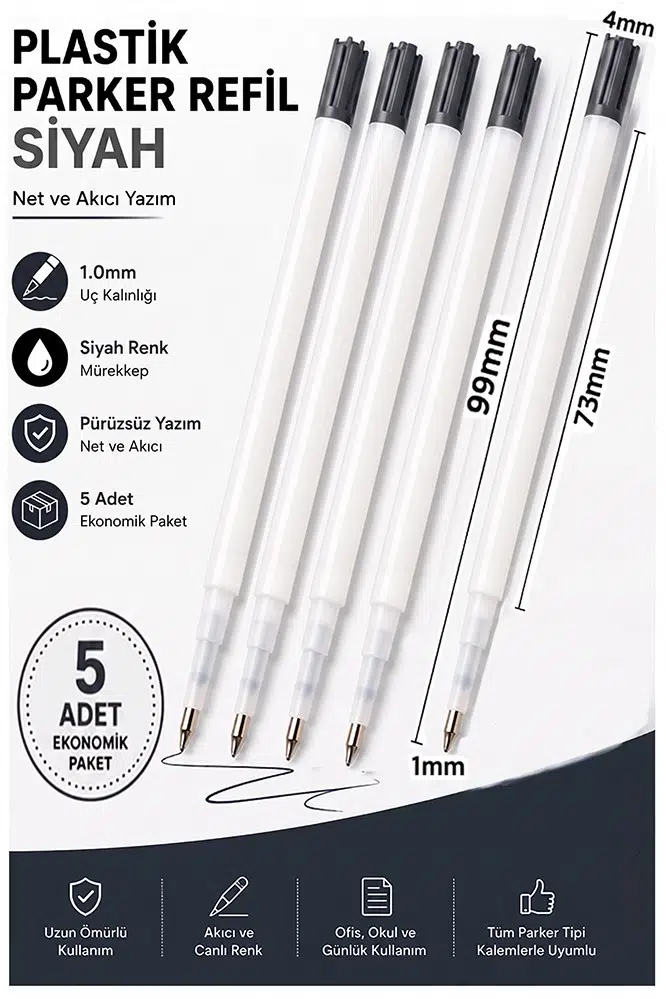 Plastik Tükenmez Kalem Yedeği 5 Adet 9.9cm Tükenmez Kalem İçi Yedek Mavi Metal Tükenmez Kalem İçi Ofis Jel Kalem İçi - Siyah