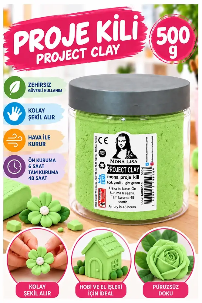 Proje Kili 500gr 1 Adet Monalisa Renkli Proje Hamuru Hobi Heykel Seramik Modelleme Hava İle Kuruyan - Açık Yeşil