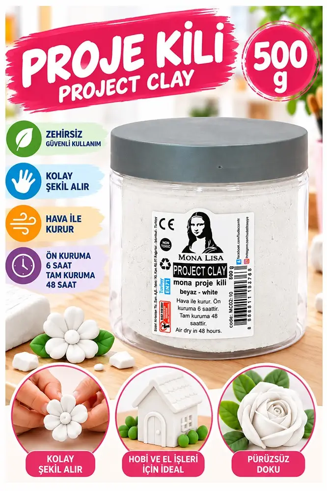 Proje Kili 500gr 1 Adet Monalisa Renkli Proje Hamuru Hobi Heykel Seramik Modelleme Hava İle Kuruyan - Beyaz
