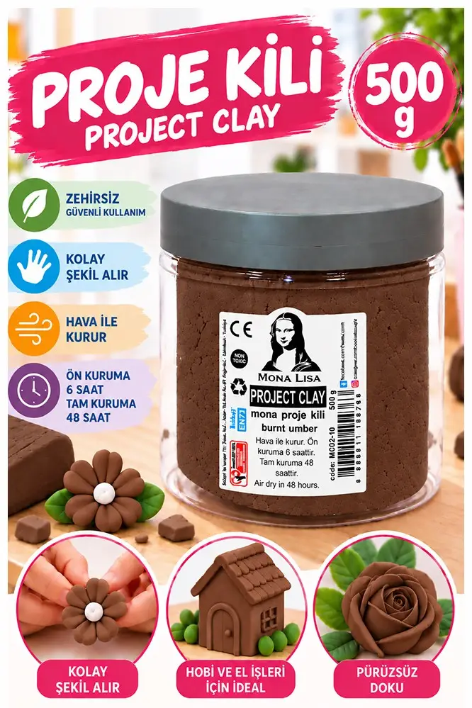 Proje Kili 500gr 1 Adet Monalisa Renkli Proje Hamuru Hobi Heykel Seramik Modelleme Hava İle Kuruyan - Brunt Umber