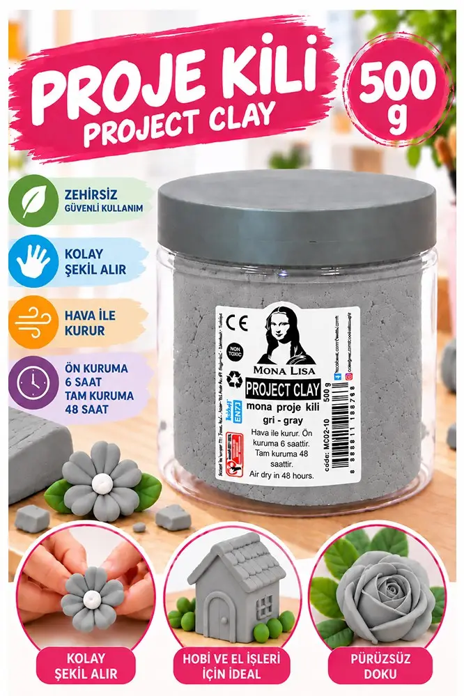 Proje Kili 500gr 1 Adet Monalisa Renkli Proje Hamuru Hobi Heykel Seramik Modelleme Hava İle Kuruyan - Gri