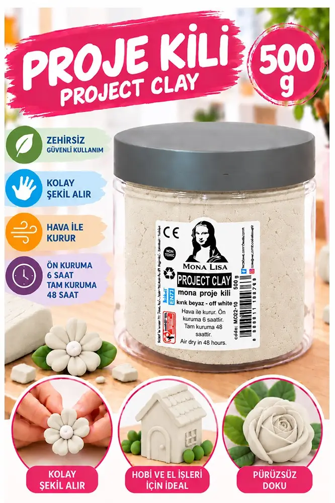 Proje Kili 500gr 1 Adet Monalisa Renkli Proje Hamuru Hobi Heykel Seramik Modelleme Hava İle Kuruyan - Kırık Beyaz