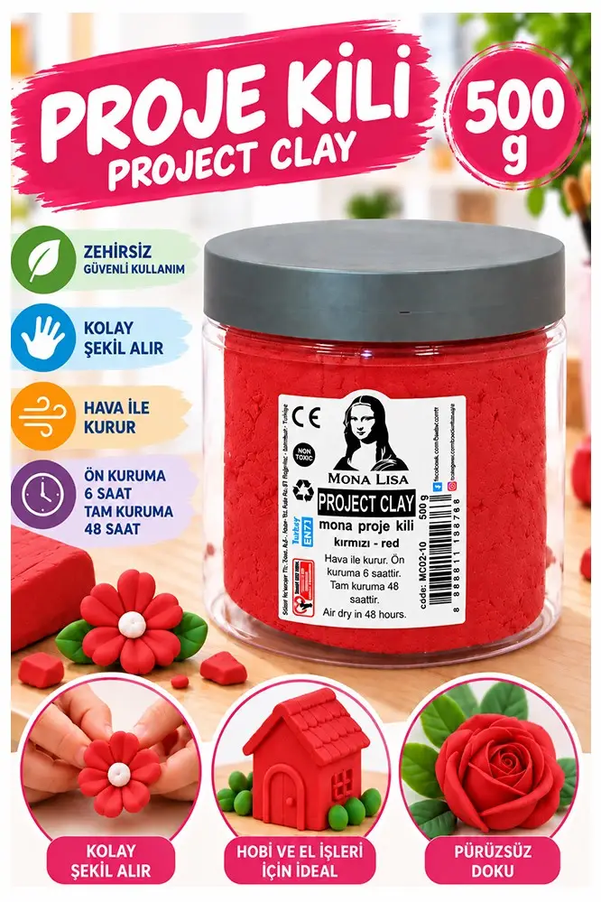 Proje Kili 500gr 1 Adet Monalisa Renkli Proje Hamuru Hobi Heykel Seramik Modelleme Hava İle Kuruyan - Kırmızı
