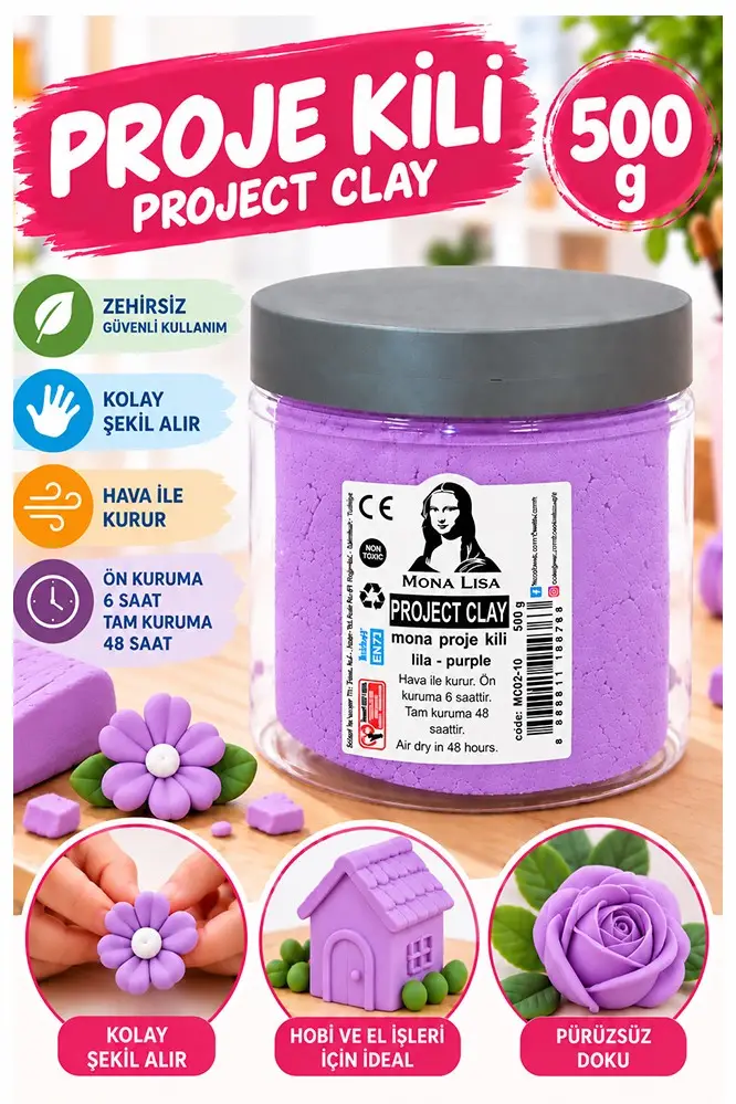 Proje Kili 500gr 1 Adet Monalisa Renkli Proje Hamuru Hobi Heykel Seramik Modelleme Hava İle Kuruyan - Lila
