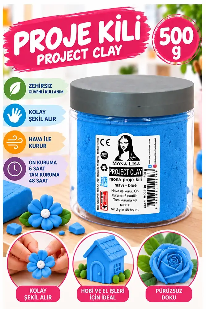 Proje Kili 500gr 1 Adet Monalisa Renkli Proje Hamuru Hobi Heykel Seramik Modelleme Hava İle Kuruyan - Mavi