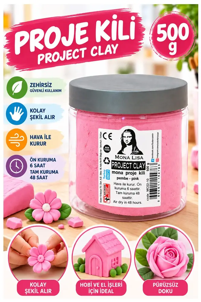 Proje Kili 500gr 1 Adet Monalisa Renkli Proje Hamuru Hobi Heykel Seramik Modelleme Hava İle Kuruyan - Pembe