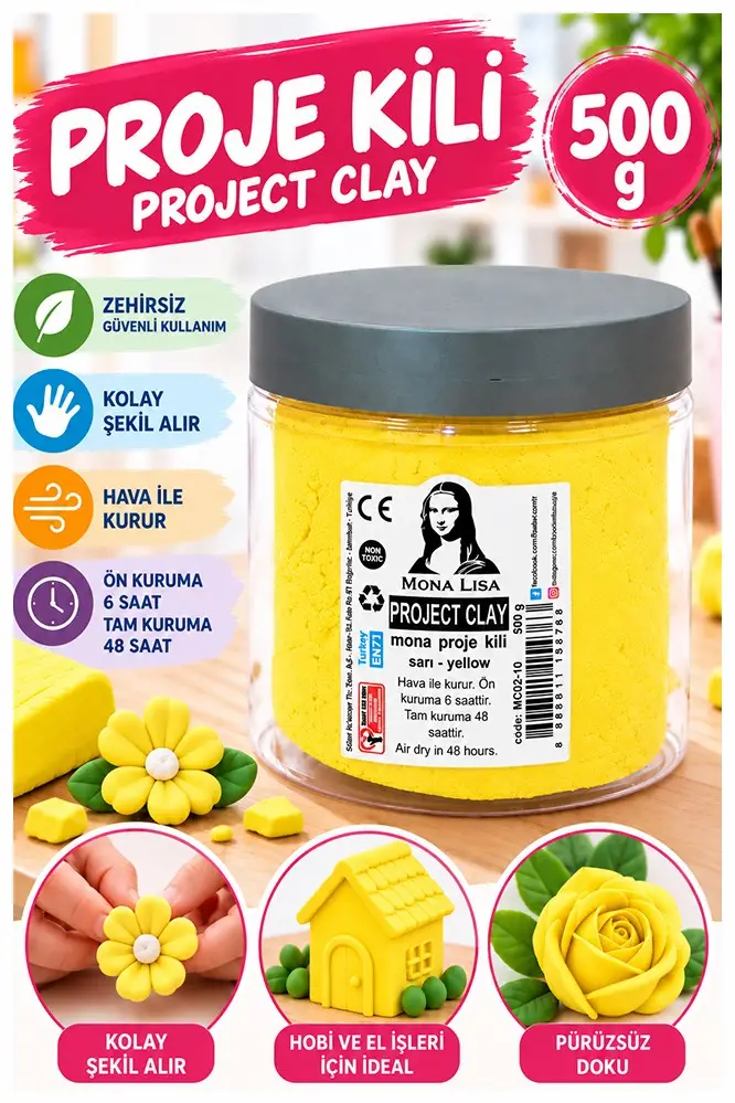 Proje Kili 500gr 1 Adet Monalisa Renkli Proje Hamuru Hobi Heykel Seramik Modelleme Hava İle Kuruyan - Sarı