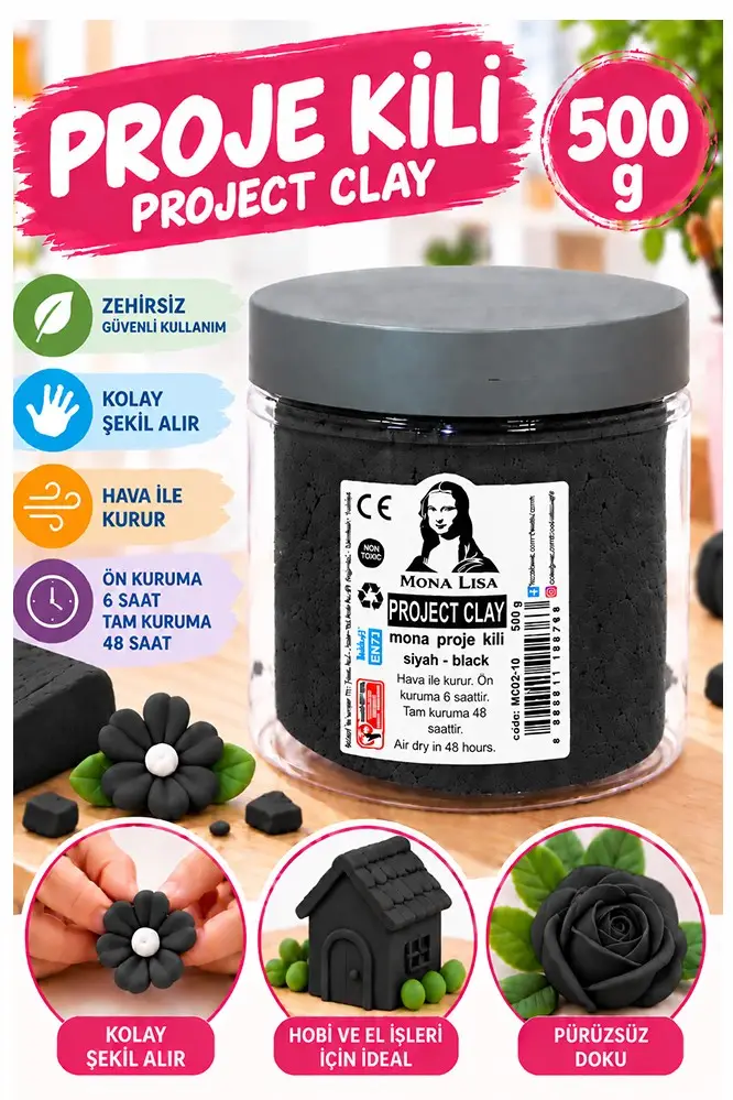 Proje Kili 500gr 1 Adet Monalisa Renkli Proje Hamuru Hobi Heykel Seramik Modelleme Hava İle Kuruyan - Siyah