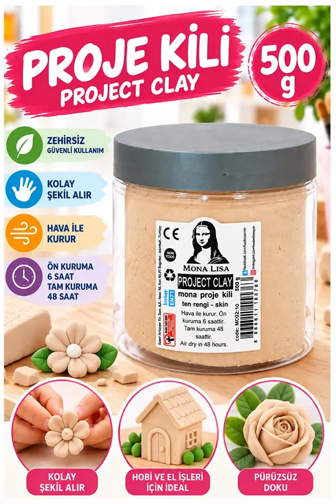 Proje Kili 500gr 1 Adet Monalisa Renkli Proje Hamuru Hobi Heykel Seramik Modelleme Hava İle Kuruyan - Ten Rengi