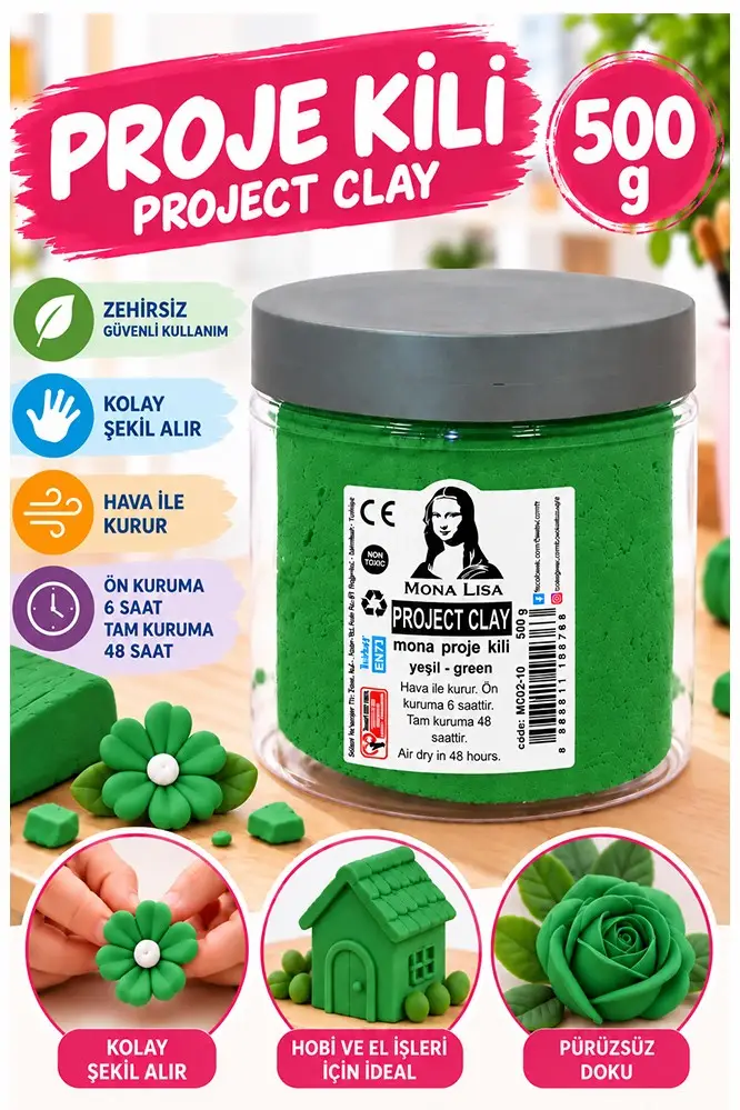 Proje Kili 500gr 1 Adet Monalisa Renkli Proje Hamuru Hobi Heykel Seramik Modelleme Hava İle Kuruyan - Yeşil