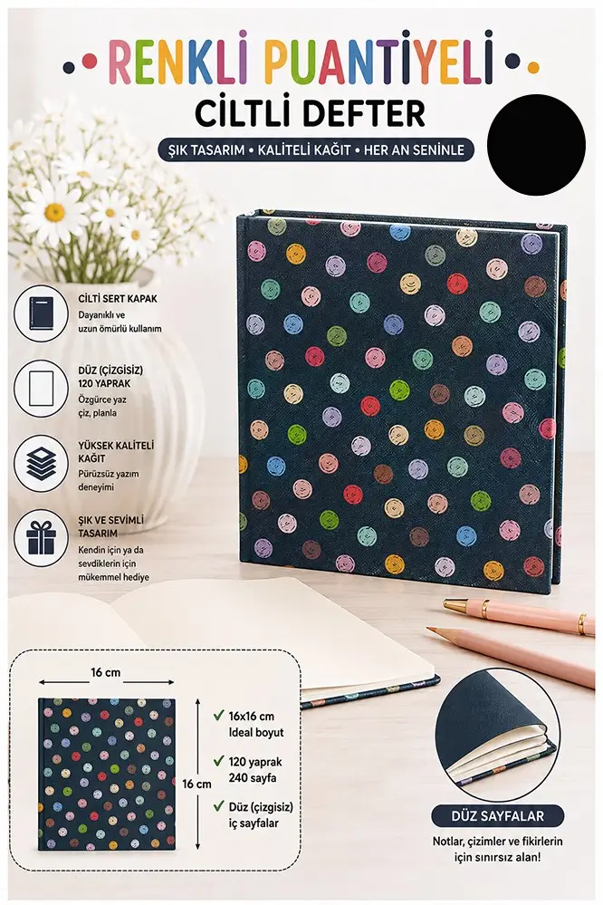 Puantiyeli Kare Not Defteri 16x16cm 1 Adet Lizz Sert Kapak 120 Yaprak Ciltli Çizgisiz Özel Anı Günlük Defteri - Siyah
