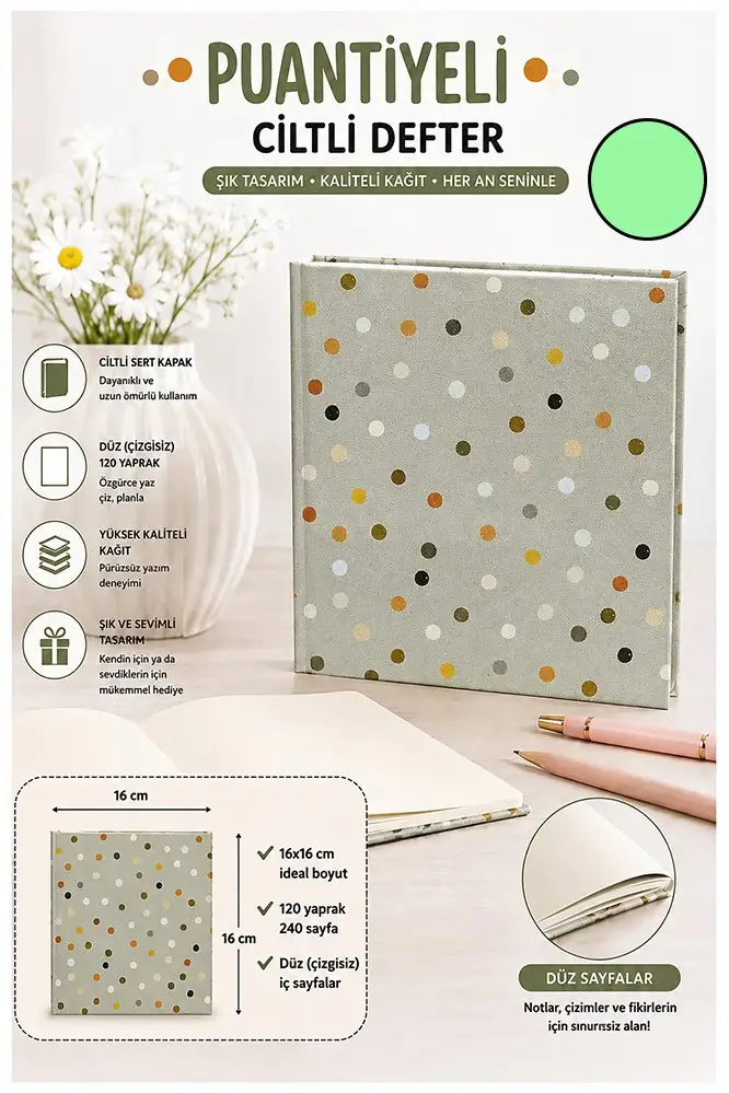Puantiyeli Kare Not Defteri 16x16cm 1 Adet Lizz Sert Kapak 120 Yaprak Ciltli Çizgisiz Özel Anı Günlük Defteri - Yeşil