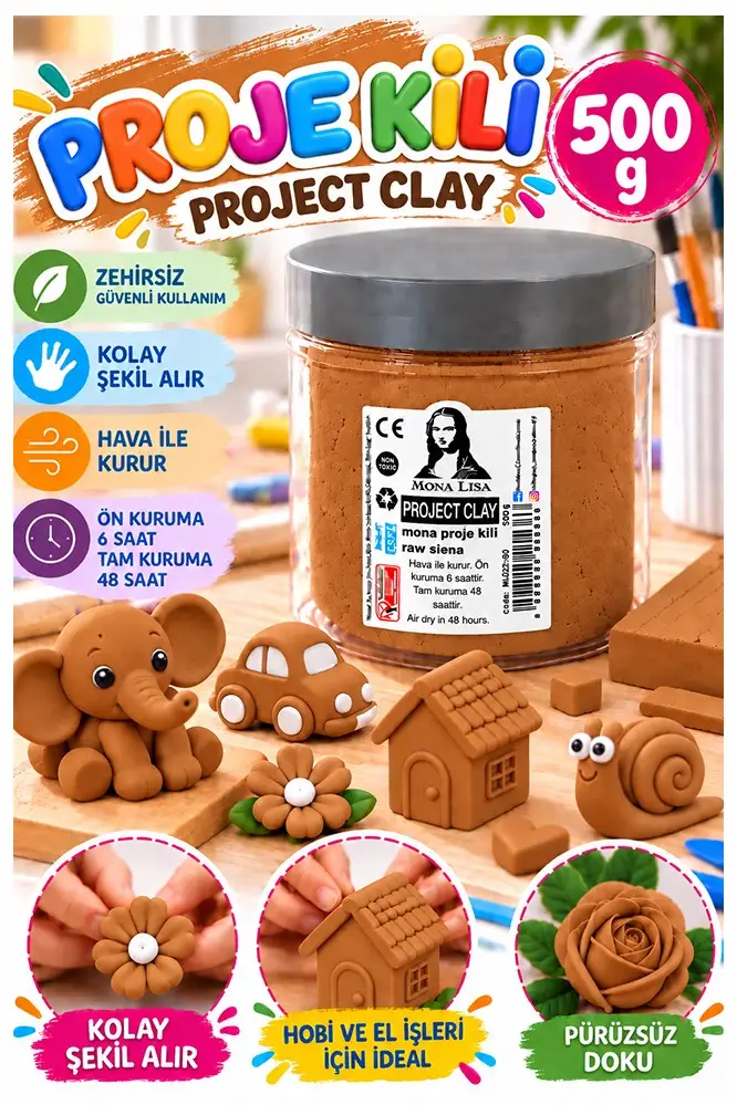 Raw Siena Proje Kili 500gr 1 Adet Monalisa Renkli Proje Hamuru Hobi Heykel Seramik Modelleme Hava İle Kuruyan