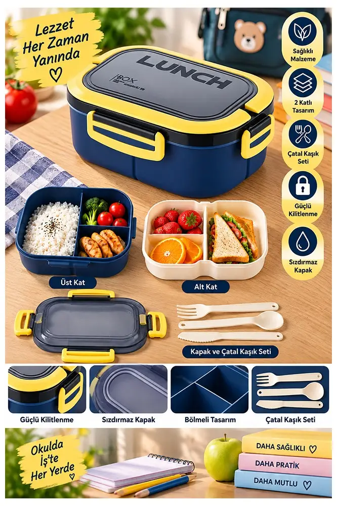Renkli Beslenme Kutusu 2 Katlı 6 Bölmeli 1 Adet 6 Bölmeli Beslenme Kabı Yemek Saklama Kabı Taşınabilir Lunch Box Okul - Lacivert