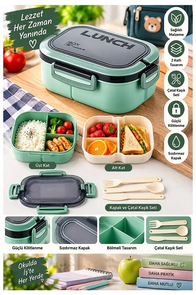 Renkli Beslenme Kutusu 2 Katlı 6 Bölmeli 1 Adet 6 Bölmeli Beslenme Kabı Yemek Saklama Kabı Taşınabilir Lunch Box Okul - Yeşil