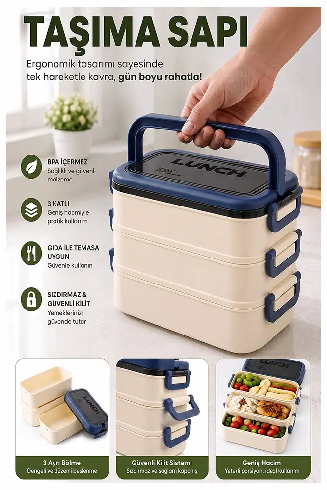 Renkli Beslenme Kutusu 3 Bölmeli 1 Adet 3 Bölmeli Beslenme Kabı Yemek Saklama Kabı Taşınabilir Lunch Box Okul