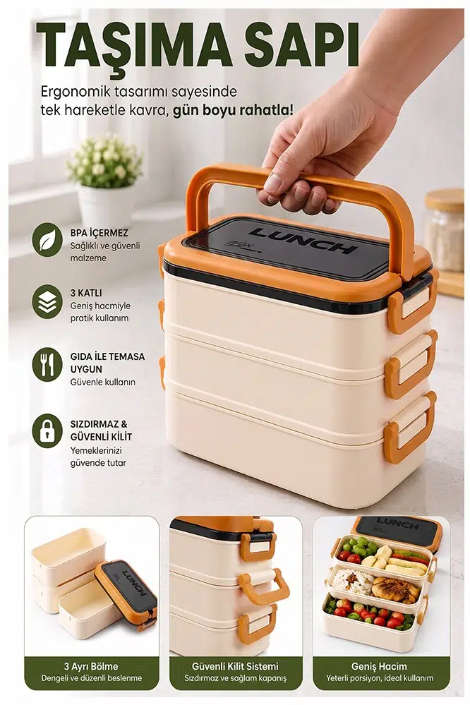 Renkli Beslenme Kutusu 3 Bölmeli 1 Adet 3 Bölmeli Beslenme Kabı Yemek Saklama Kabı Taşınabilir Lunch Box Okul - Turuncu